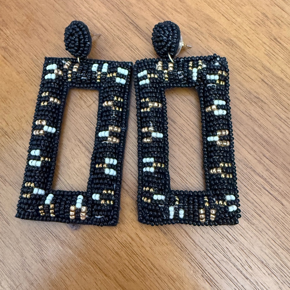 Black Beaded Rectangular Earrings
